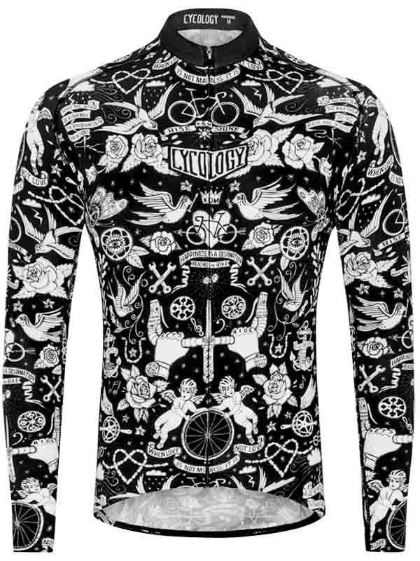 Men's black and white tattoo-style cycling jersey with long sleeves, featuring birds, roses, and bike motifs