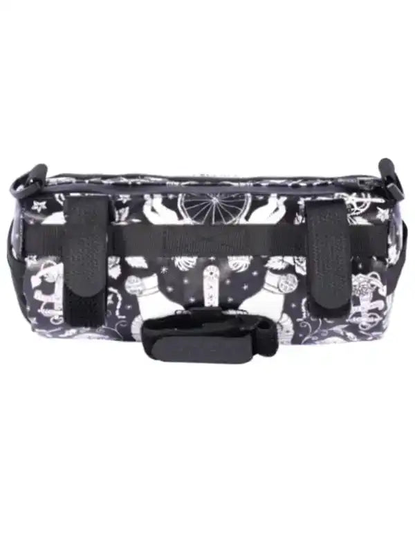 Black and white patterned cycling frame bag with bike graphics and adjustable straps