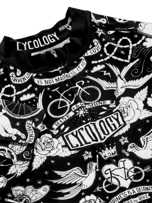 Black cycling jersey with white tattoo-style graphics, birds, roses, and bike motifs for men and women.