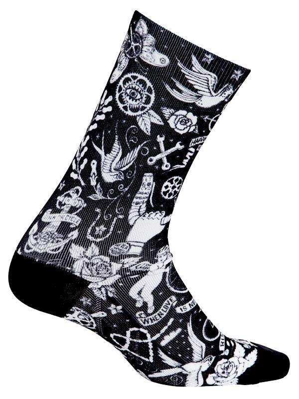 Black cycling sock with white tattoo-style designs including roses, birds, and anchors for men and women