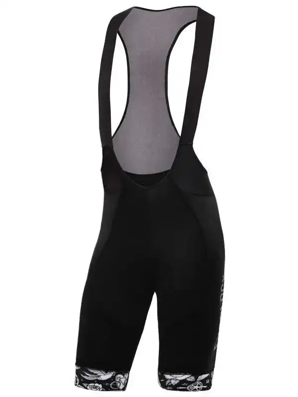 Black women's cycling bib shorts with patterned leg cuffs and mesh back panel