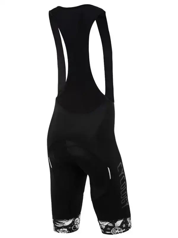 Black women's cycling bib shorts with patterned leg cuffs and ergonomic design for comfort