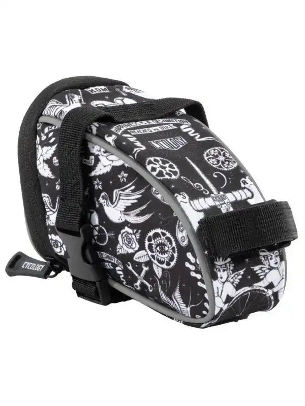 Black and white tattoo-style cycling saddle bag with angel, rose, and gear designs, secure straps