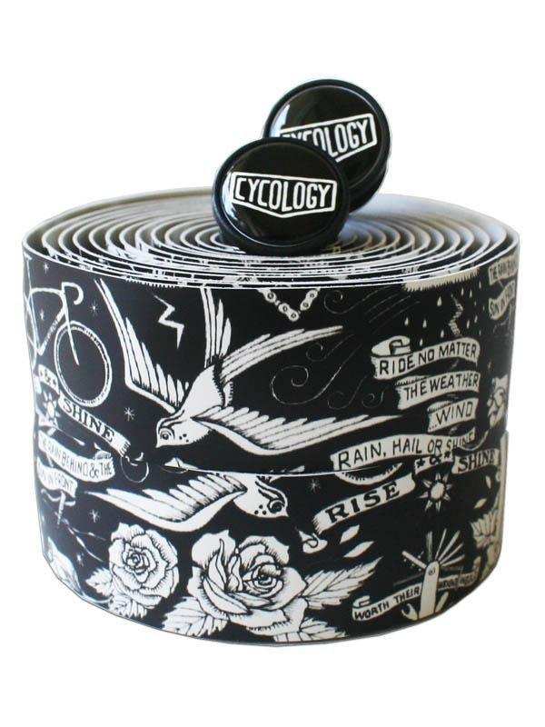 Cycology bike handlebar tape with swallow, roses, and cycling quotes design