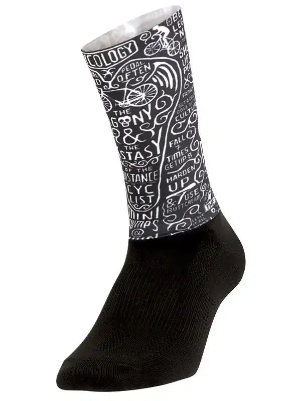 Black cycling sock with white bike-themed typography design, ideal for men's and women's cycling apparel