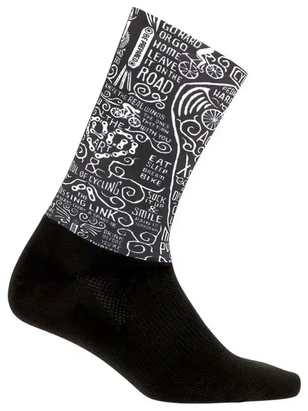Black cycling sock with white bike-themed graphics and motivational phrases for road riders