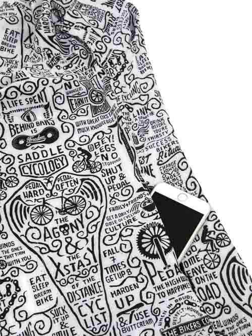 Men's cycling jersey with bold black-and-white graphic print featuring bike-themed quotes and doodles