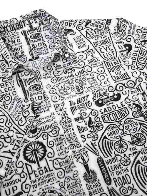 Men's cycling shirt with bold black-and-white graphic print featuring bike-themed phrases and doodles