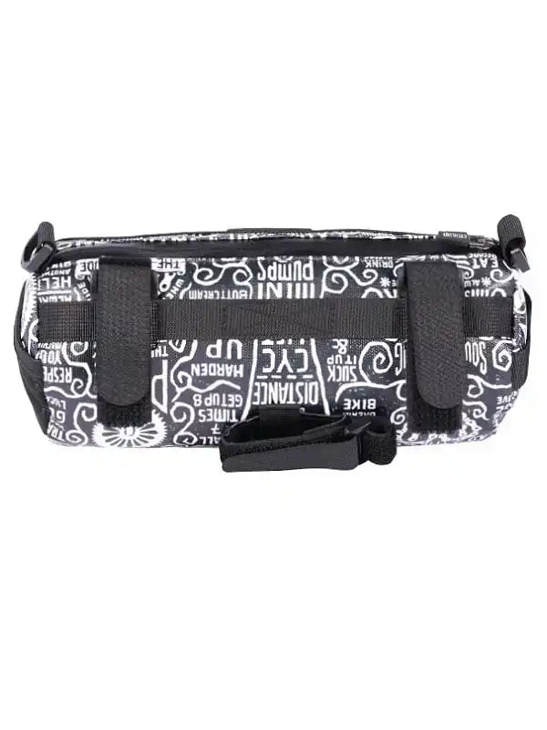 Black and white cycling frame bag with motivational text and swirl patterns, ideal for bike rides