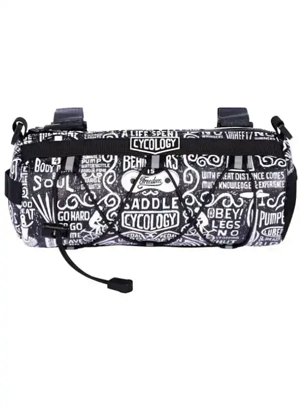 Cycling saddle bag with bold black-and-white graphic print, featuring cycling slogans and 'Cycology' branding for bike storage.