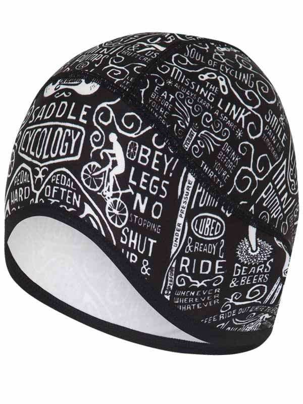 Black cycling cap with white cycling-themed graphics and text, ideal for men's and women's bike rides