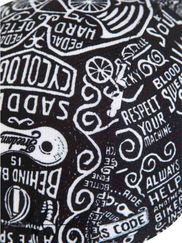 Black cycling jersey with white graphic print featuring bike motifs and cycling phrases like 'Pedal Hard' and 'Respect Your Machine'