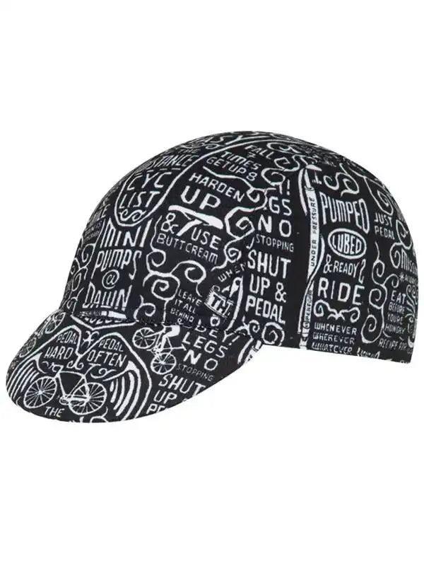 Black cycling cap with white cycling-themed text and graphics, ideal for men's and women's bike rides.