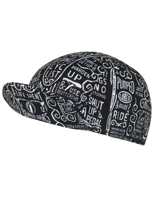 Black cycling cap with white cycling-themed text and graphics, ideal for road or mountain biking.