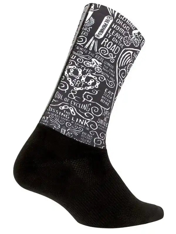 Black cycling sock with white bike-themed graphics and cycling quotes, ideal for men's and women's rides