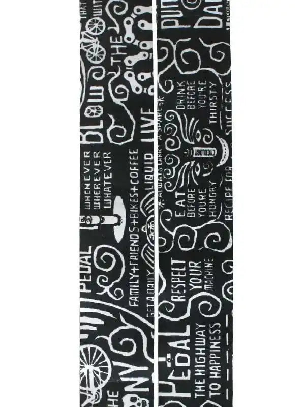 Black cycling fabric with white text and bike graphics, featuring phrases like 'Pedal' and 'Family + Friends + Bikes'