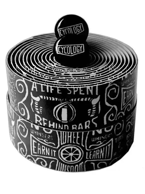 Cycology cycling handlebar tape with bold black-and-white graphic design and motivational phrases