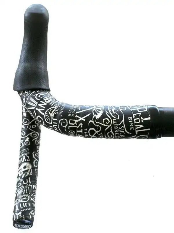 Stylish black and white patterned bike handlebar tape with cycling-themed designs