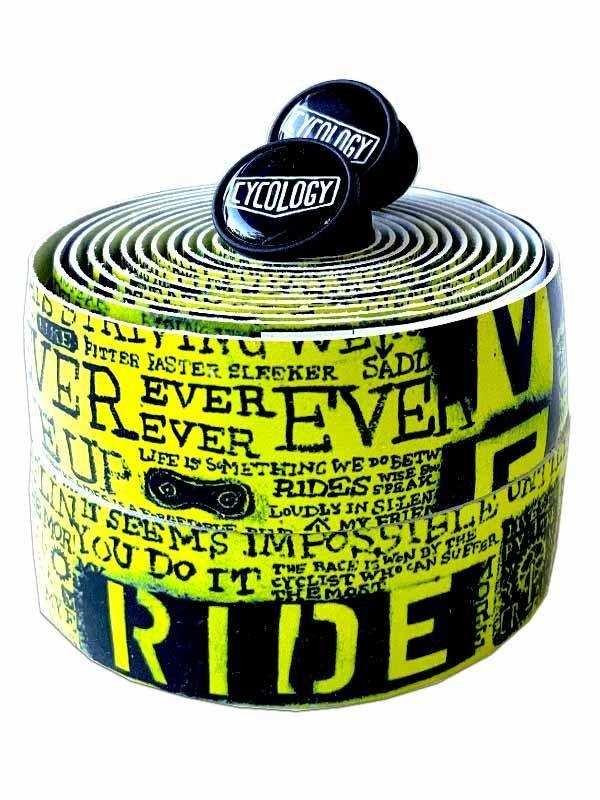 Bright yellow and black cycling handlebar tape with motivational quotes and 'CYCOLOGY' end plugs