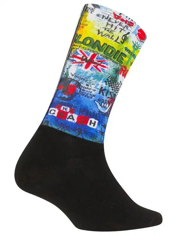 Colorful cycling sock with punk rock graphics, Union Jack, and bold text designs for men and women