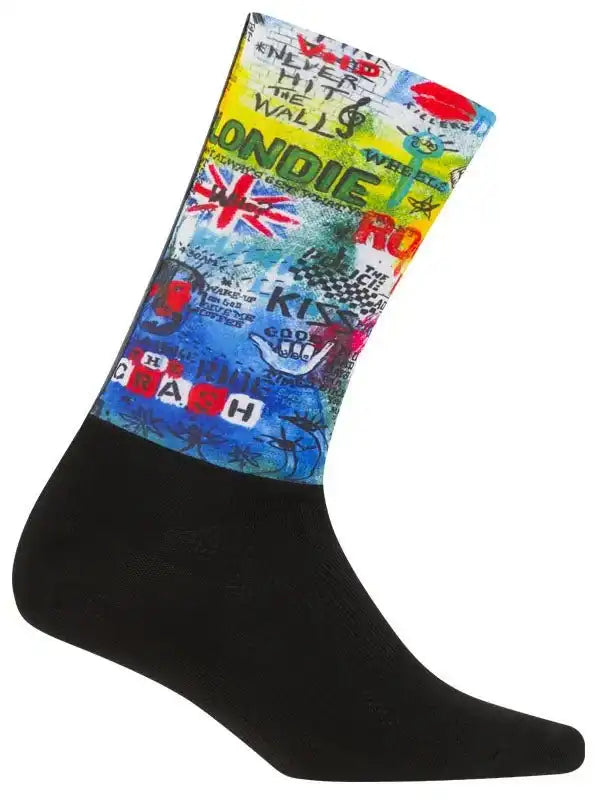 Colorful cycling sock with punk rock graphics, Union Jack, and bold text for men's and women's bike rides