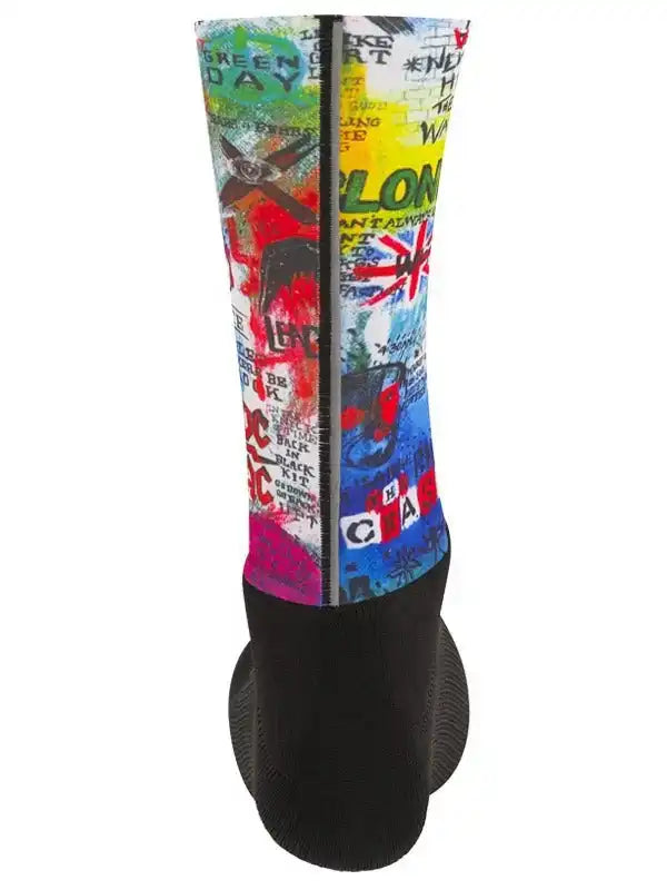 Colorful graffiti-style cycling sock with bold graphics and black cuff, ideal for men's and women's bike rides.
