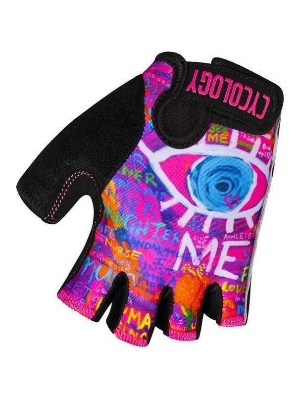 Colorful cycling glove with eye graphic and bold text, fingerless design for women's bike rides
