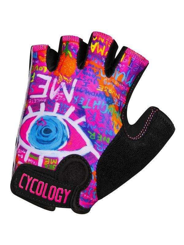 Colorful cycling glove with eye graphic, pink 'CYCOLOGY' logo, and vibrant graffiti-style print for women's bike rides