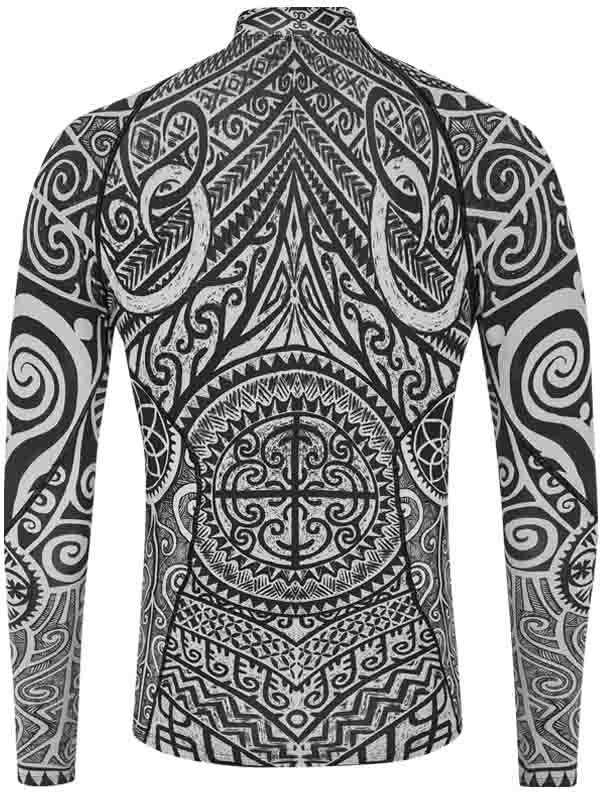 Men's long sleeve cycling jersey with intricate black and white tribal patterns, designed for performance and style.