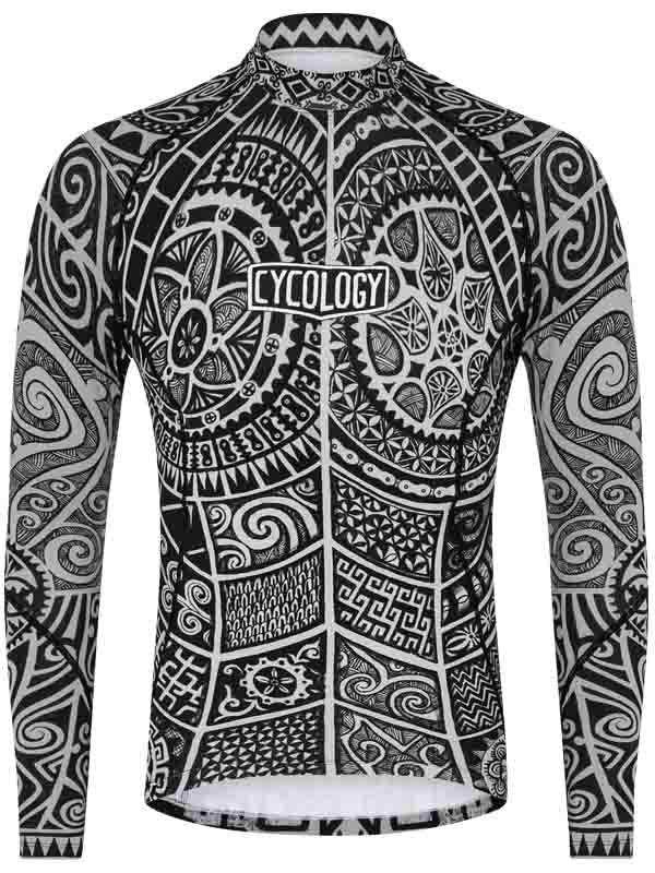 Men's long sleeve cycling jersey with intricate black and white tribal pattern and full zip front