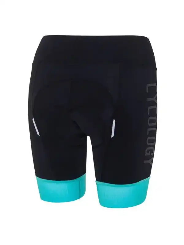 Black cycling shorts with turquoise leg bands and reflective accents, featuring padded seat for comfort.