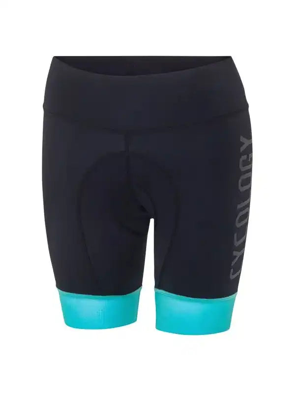 Black cycling shorts with teal cuffs and padded design for comfort